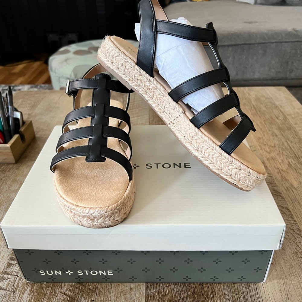 Sun + Stone Black Gladiator Espadrille Sandals 8.5